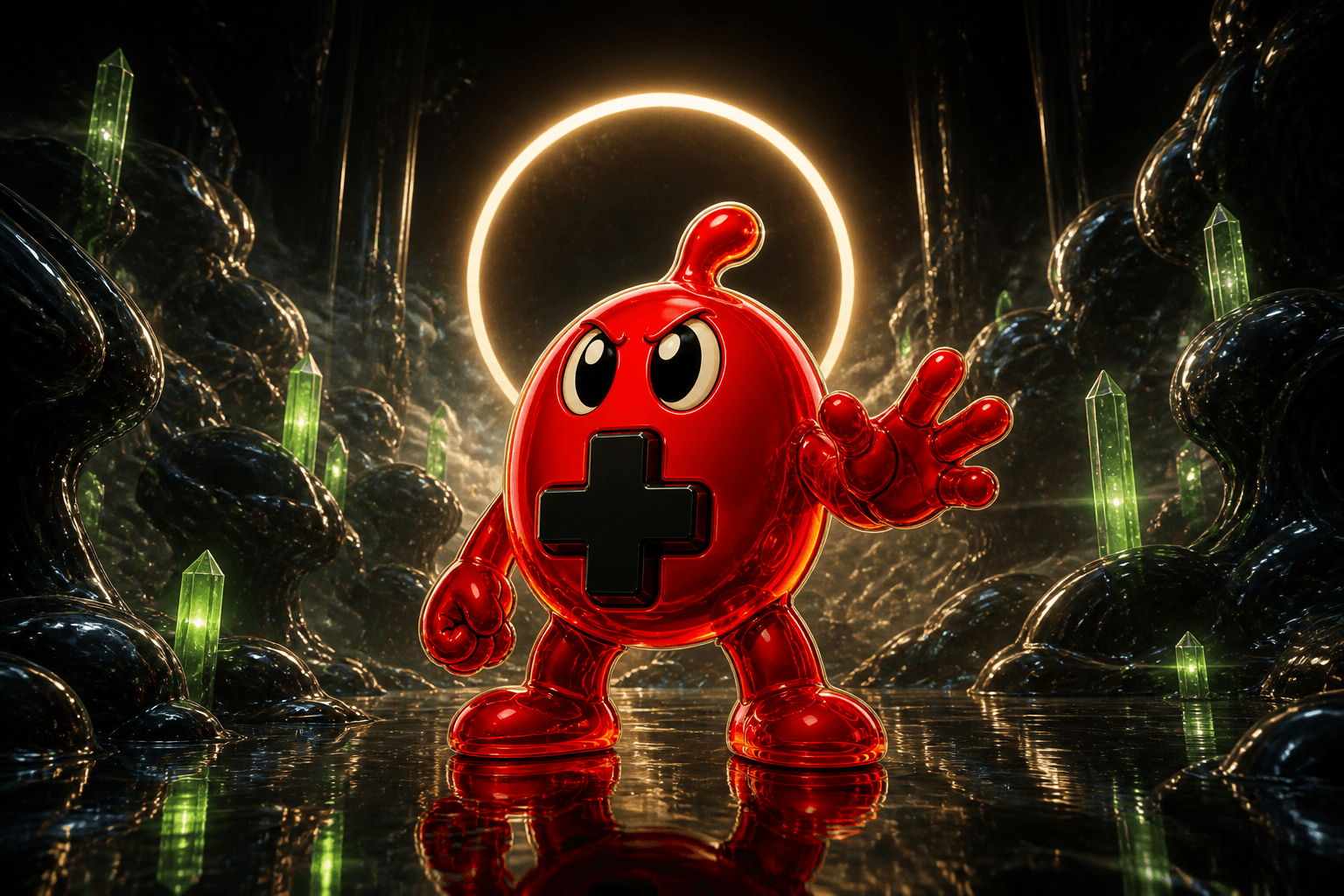 The Game Slop mascot in a black-glass arcade cathedral lit by green energy crystals