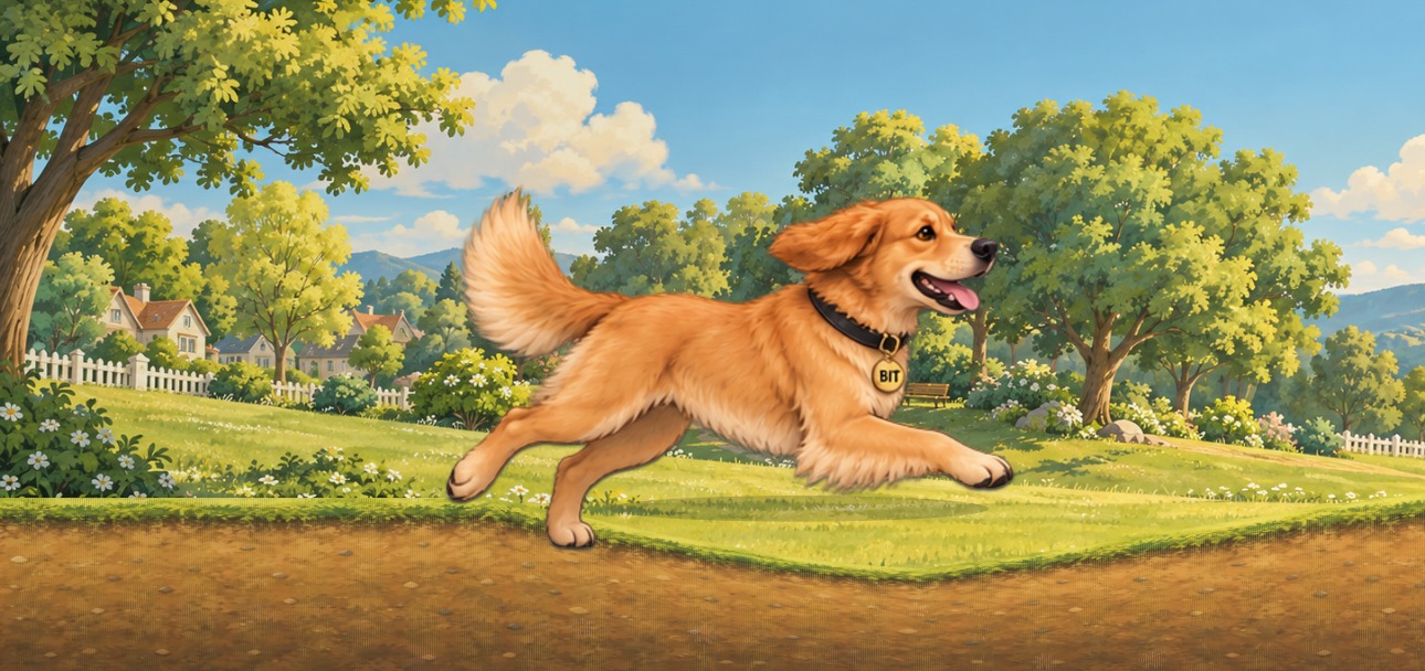 BitDog, a golden retriever wearing his BIT tag, bounding through Satoshi Park